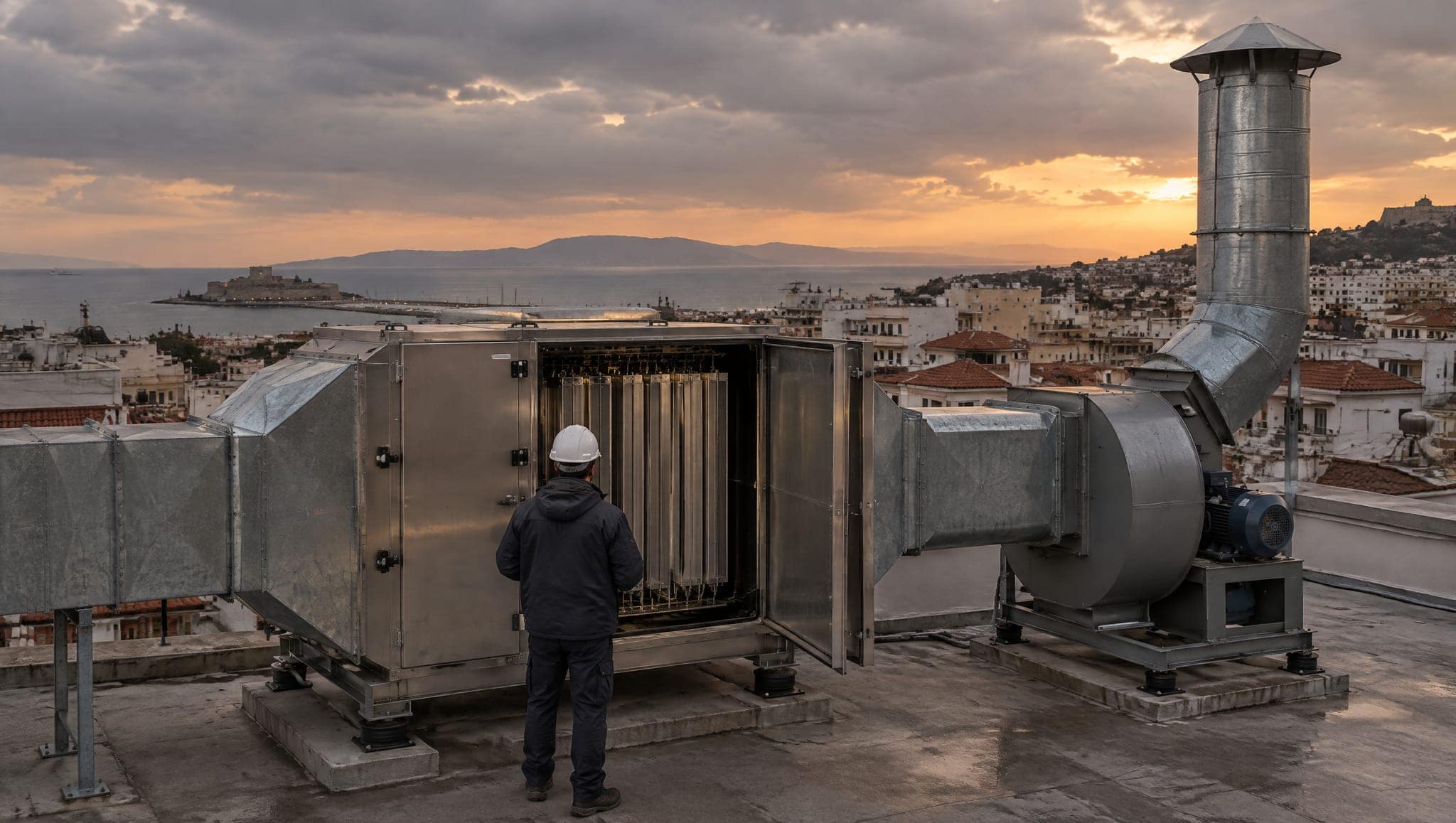 Restoran çatısında egzoz kanalına bağlı elektrostatik filtre ünitesi ve fan