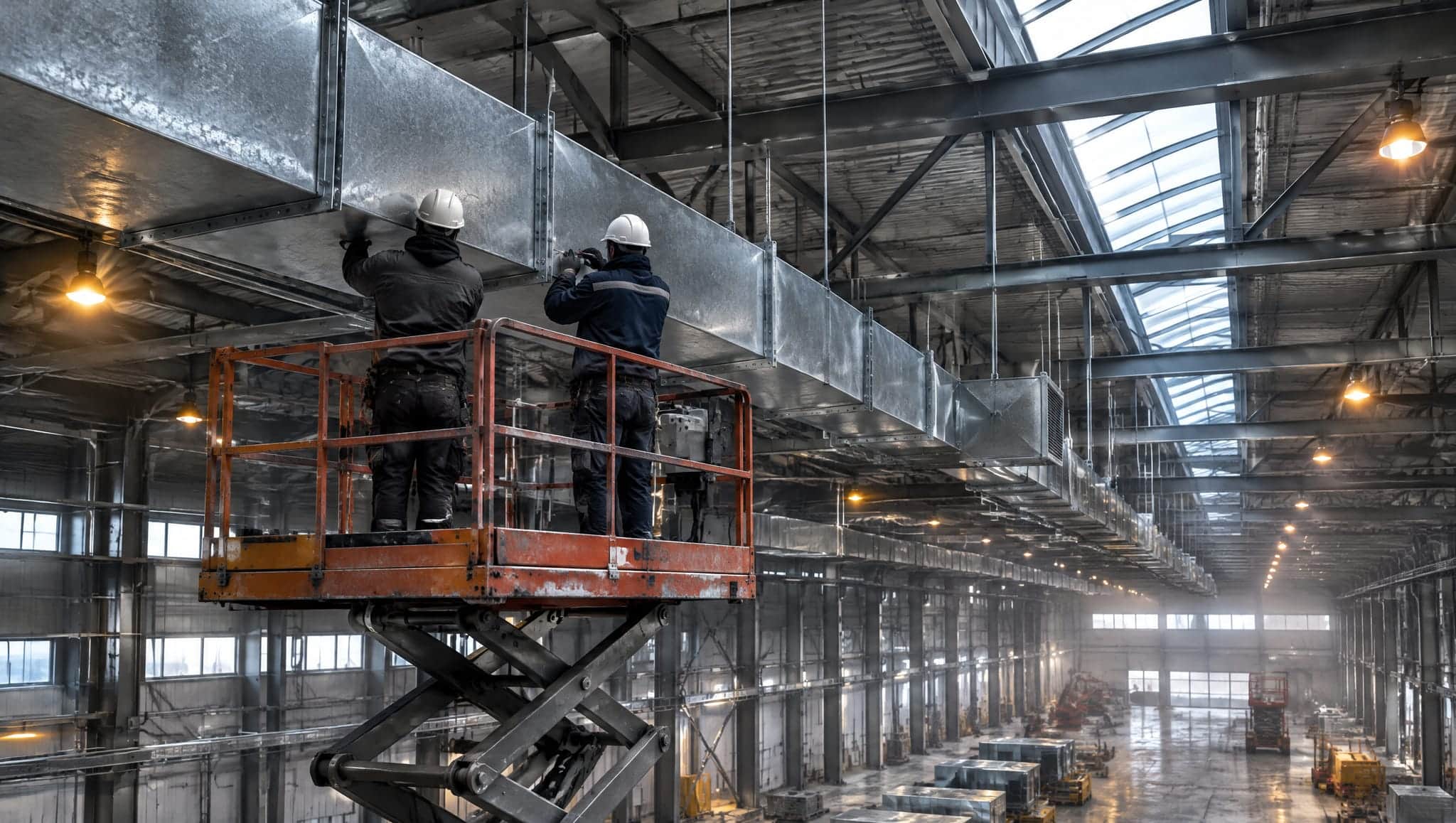 Sanayi holünde makaslı platform üzerinde galvaniz havalandırma kanalı montajı yapan teknisyenler